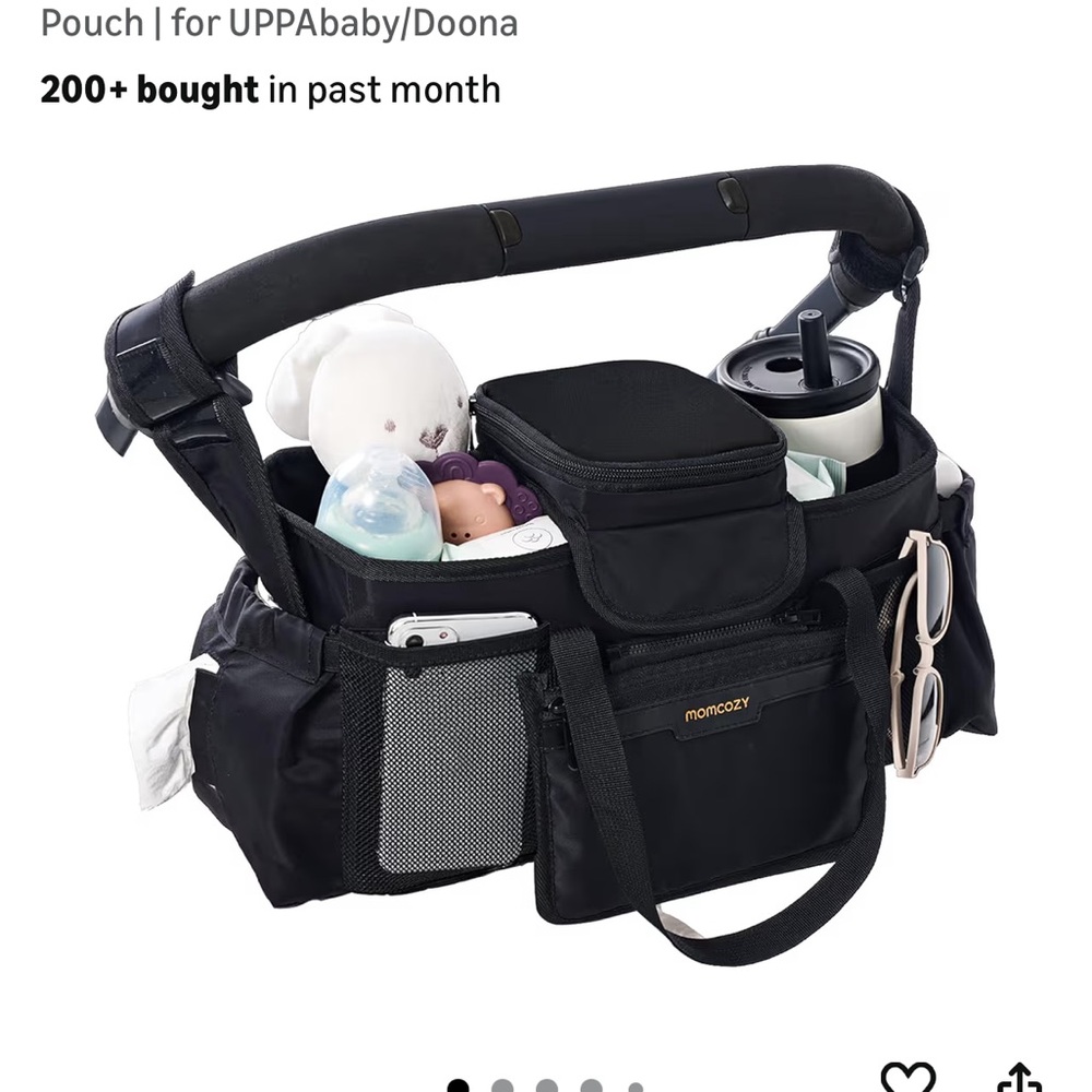 Black Momcozy universal stroller organizer with insulated cup holder
